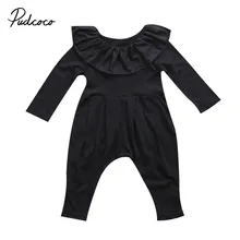 Весенняя одежда для маленьких девочек, черный комбинезон с длинными рукавами и рюшами для новорожденных, штаны, одежда для маленьких девочек, детская одежда
