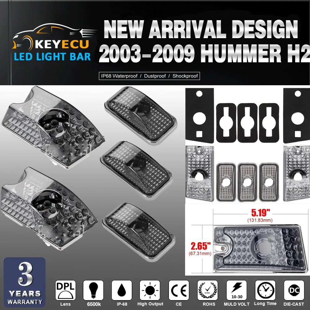 

KEYECU 5pcs Smoke Top Roof Cab Marker Light Cover Lens for 2003-2009 Hummer H2 SUV SUT