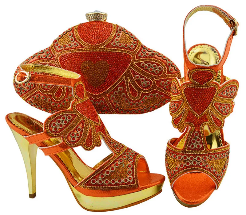 

High heel 4.53 inches sandal shoes and clutches bag for african aso ebi party orange italian shoes and bag matching set SB8276-2