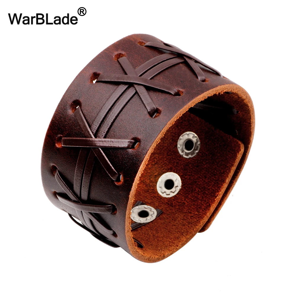 WarBLade 2018 New Fashion Men’s Genuine Leather Wide Bracelets Bangles Men Wrap Bracelet Punk Cuff Wristband For Women Jewelry