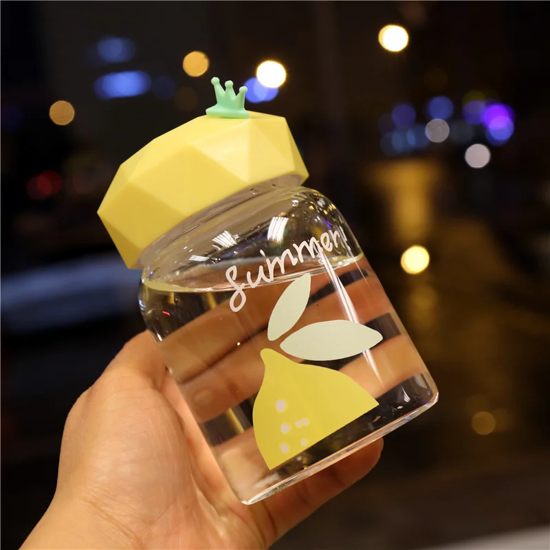 Portable Mini- Cup With Bring Cover Small Fresh Diamonds Lemon Transparent |