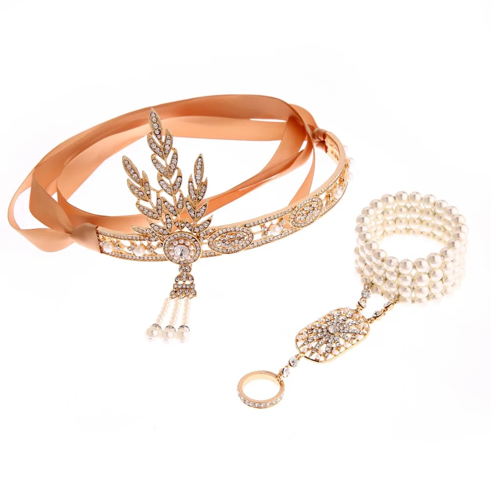 Günstige 1920 s Great Gatsby Party Kostüm Zubehör Set 20 s Flapper Art Deco Stirnband Perle Armband Ring Hand Zubehör 2 pcs Set
