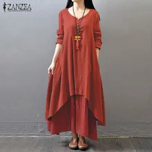 Plus Size S-5XL ZANZEA Women Buttons V Neck Casual Loose Long Maxi Shirt Dress Vintage Long Sleeve Asymmetrical Kaftan Vestido