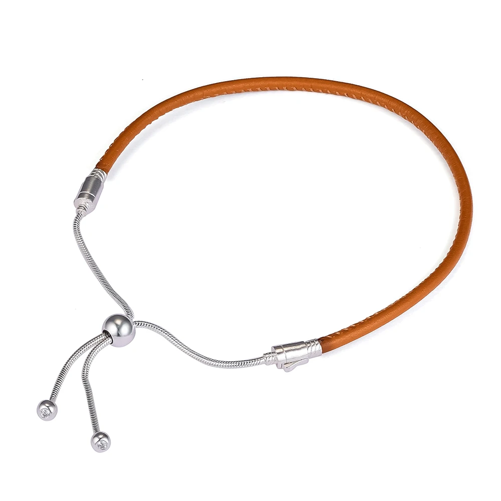 

Genuine 925 Sterling Silver Charm Bracelets Sliding Golden Tan Leather Bracelet for Women Fits Charms Beads DIY Jewelry