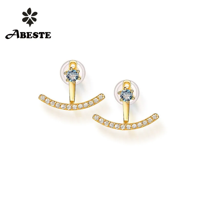 

ANI 14K Solid Yellow Gold Women Wedding Stud Earrings Natural London Blue Zircon Engagement Earrings Zircon boucle d oreille
