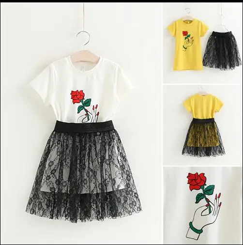 

Children's Summer Rose Set 2018 New Girls T-shirt + Medium Long Half-length Lace Skirt Han Fan Children's Wear