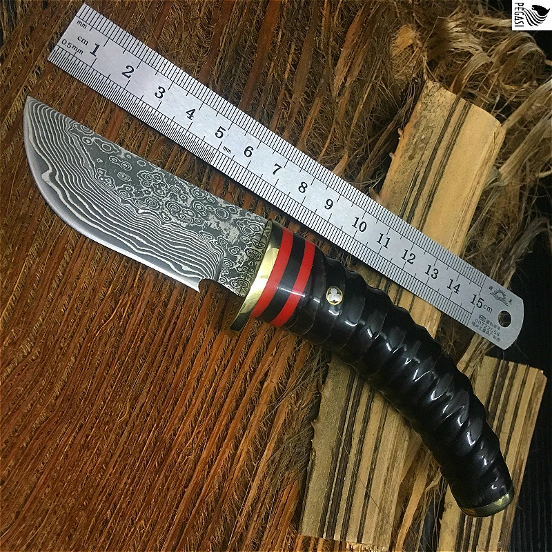 Пегаси Дамасская ручка Олений Рог 59HRC высокой твердости охотничий нож, поле выживания Спасательные бытовые коллекции прямой нож
