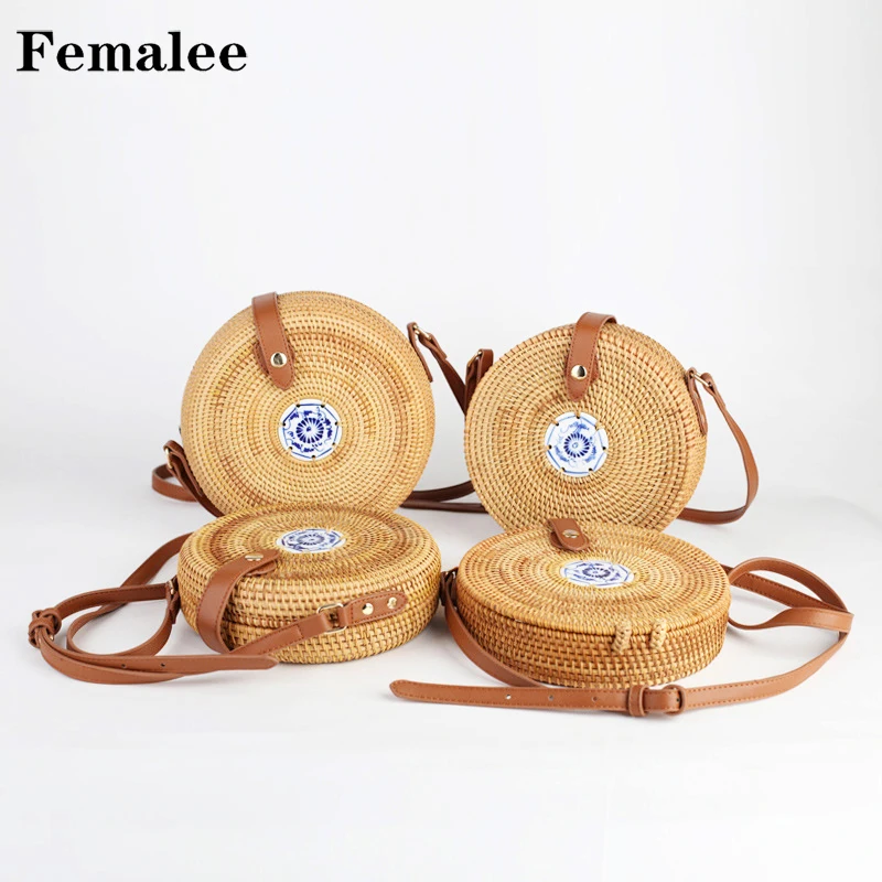 

FEMALEE Round Handmade Rattan Ata Bag Porcelain Bali Island Vintage Wicker Handbags Cross Body Travel Satchel Summer Boho Bags