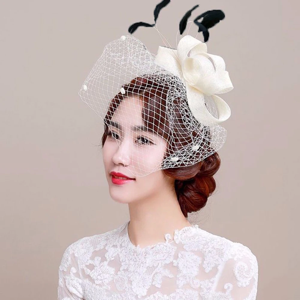 Women Retro Bow Feather Net Veil Wedding Fascinator Hat Clip Hair