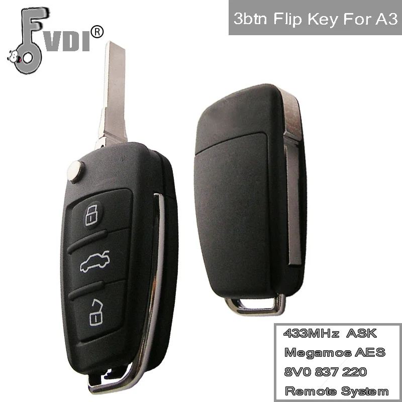 

3B Flip Key For A3 Folding Remote Key For 8V0 837 220 Megamos AES Flip Folding Car Key For Remote System 433MHz