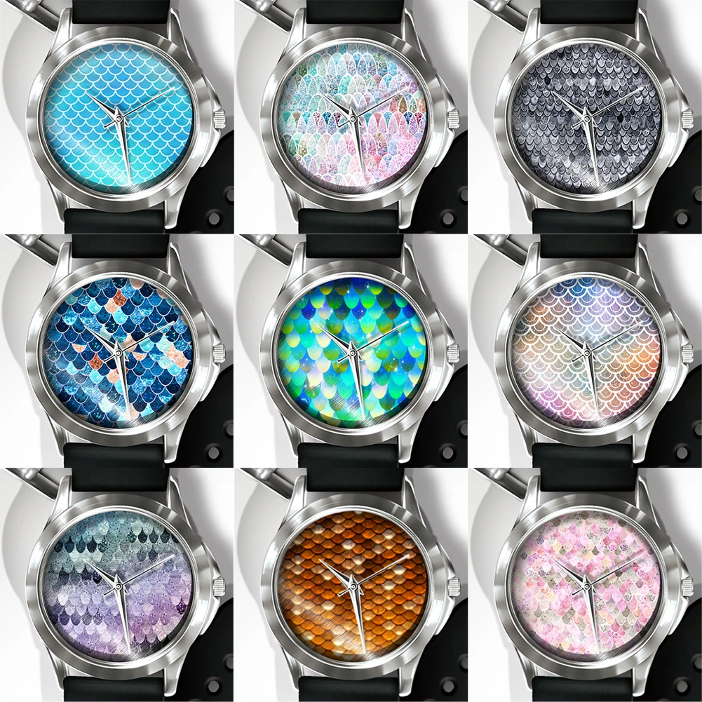 Rainbow Fish Scales Round Dial Analog PVC Band Unisex Quartz Wrist