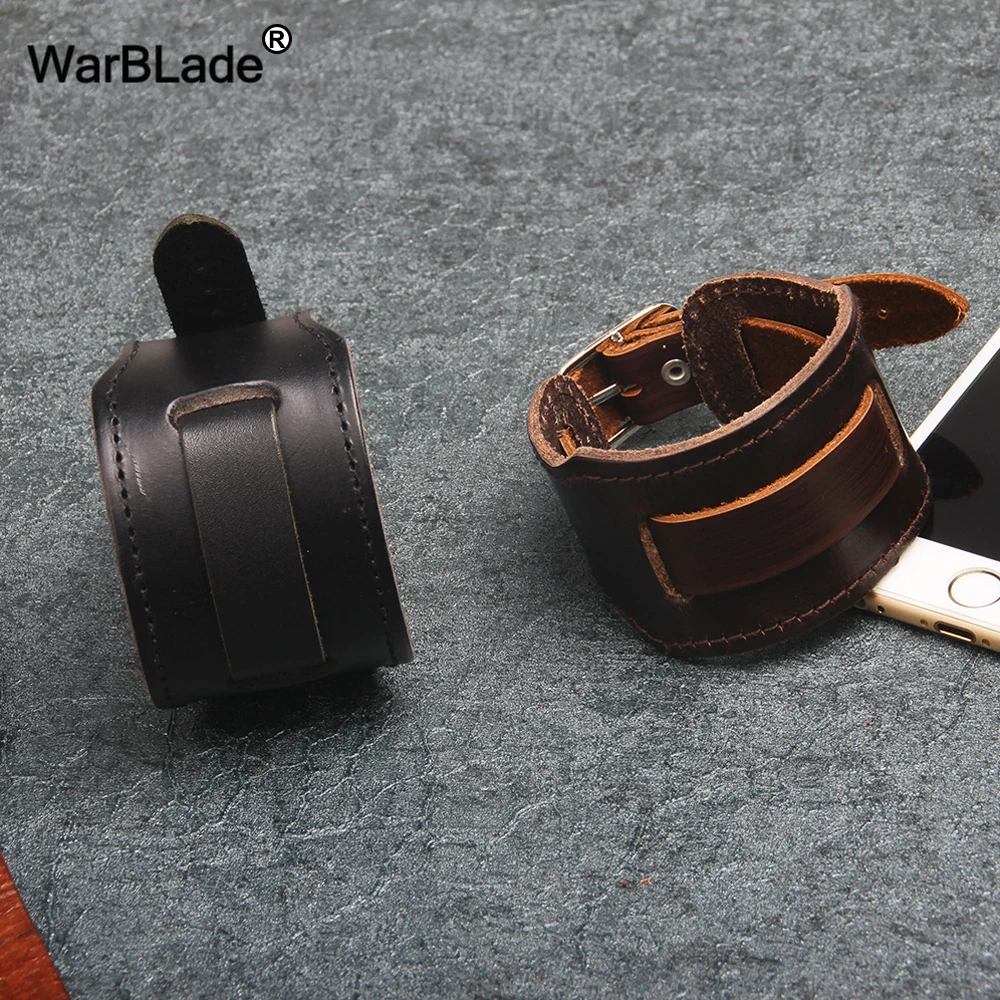 WarBLade New Fashion Men Wide Genuine Leather Bracelet Brown Wide Cuff Bracelets & Bangles Vintage Punk Wristband Men Jewelry