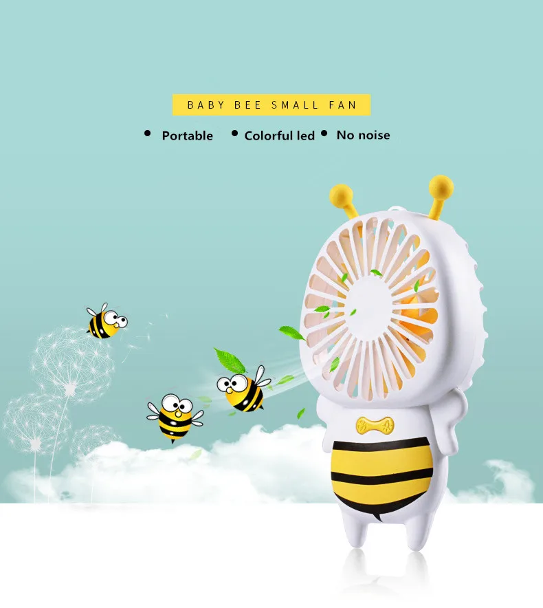 

Portable super light Mini bee shell USB handle fan with colorful led light