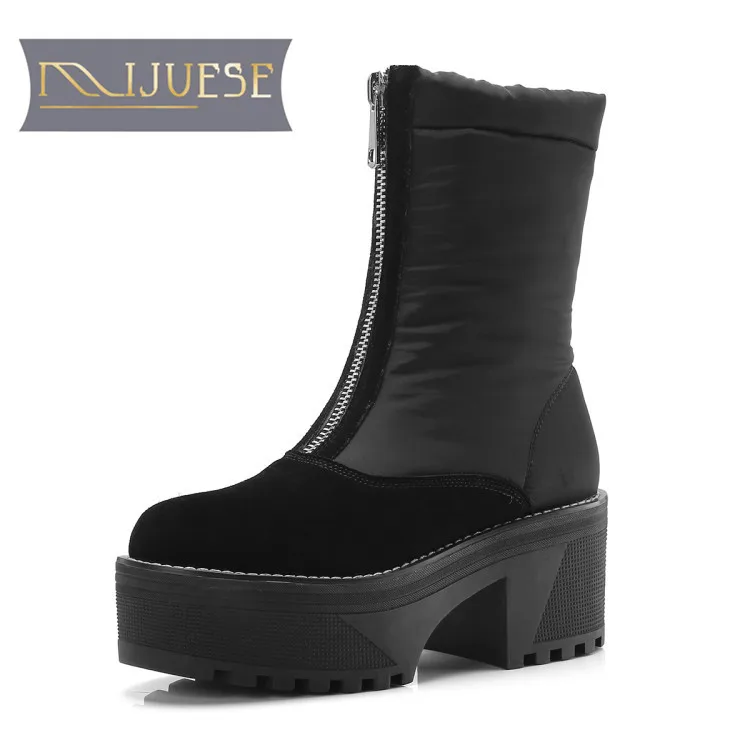

MLJUESE 2019 women ankle boots cow suede zippers winter warm fur wool blend square heel high heels women martin boots