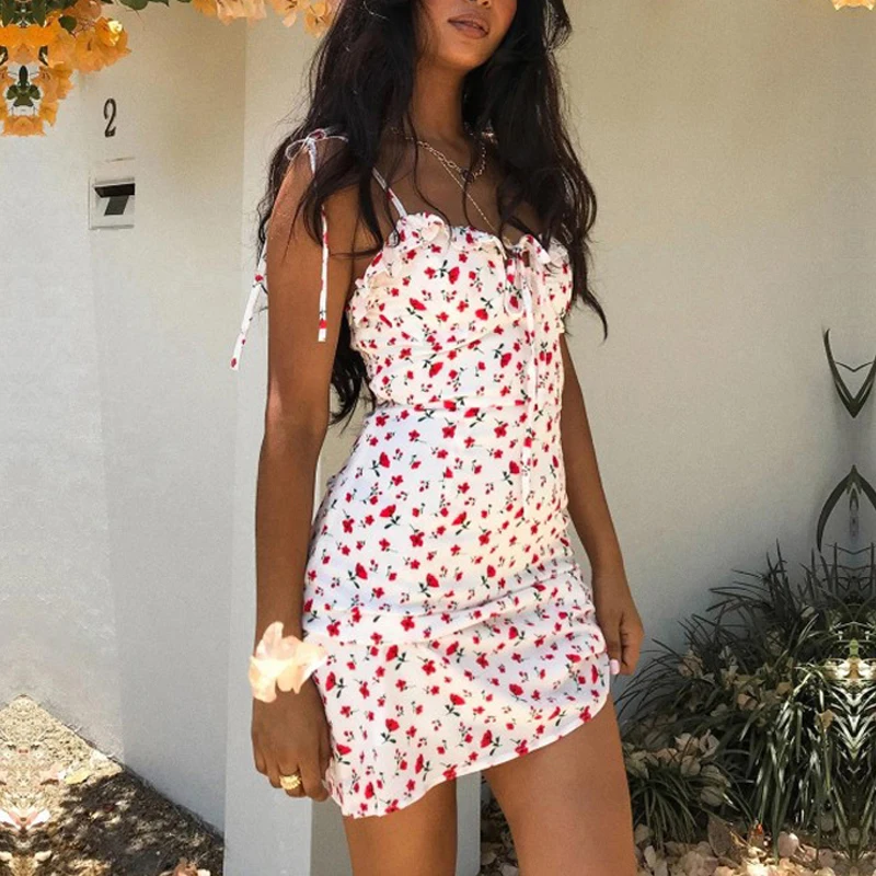 Skup Kwiatowy nadruk mały biały sukienka krawat paski na ramionach Slim Fit Mini sukienka seksowna pani Sundress słodka falbana plażowa sukienka