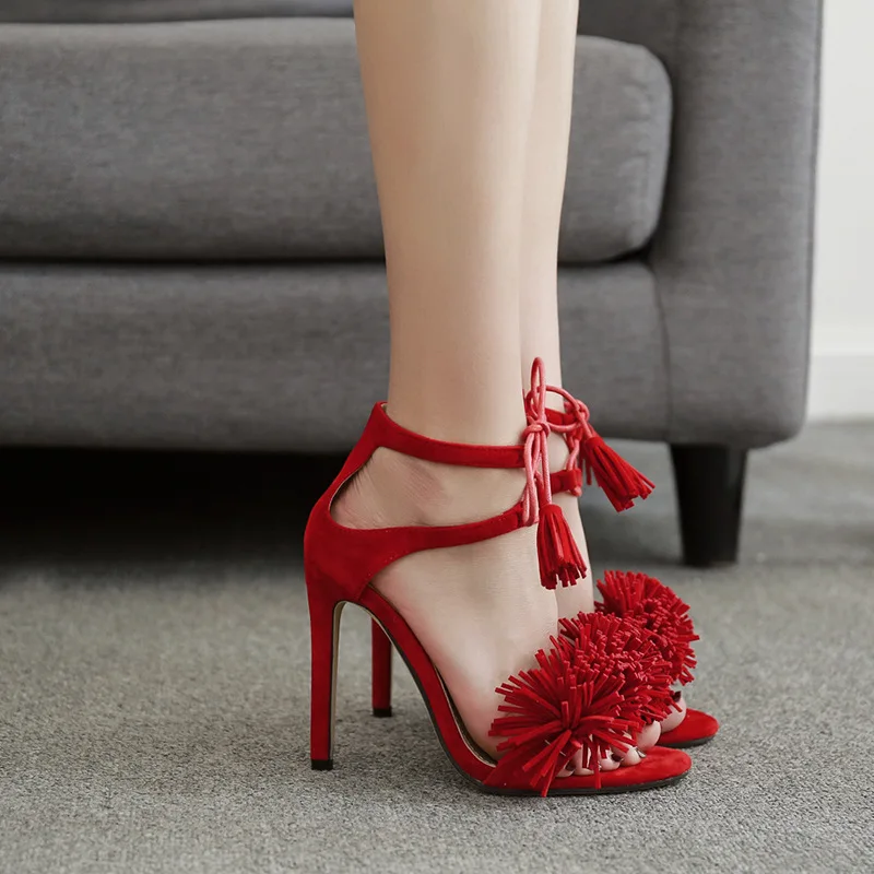 

Summer new hollow red female sandals with bows Europe and America large size open toe high heels