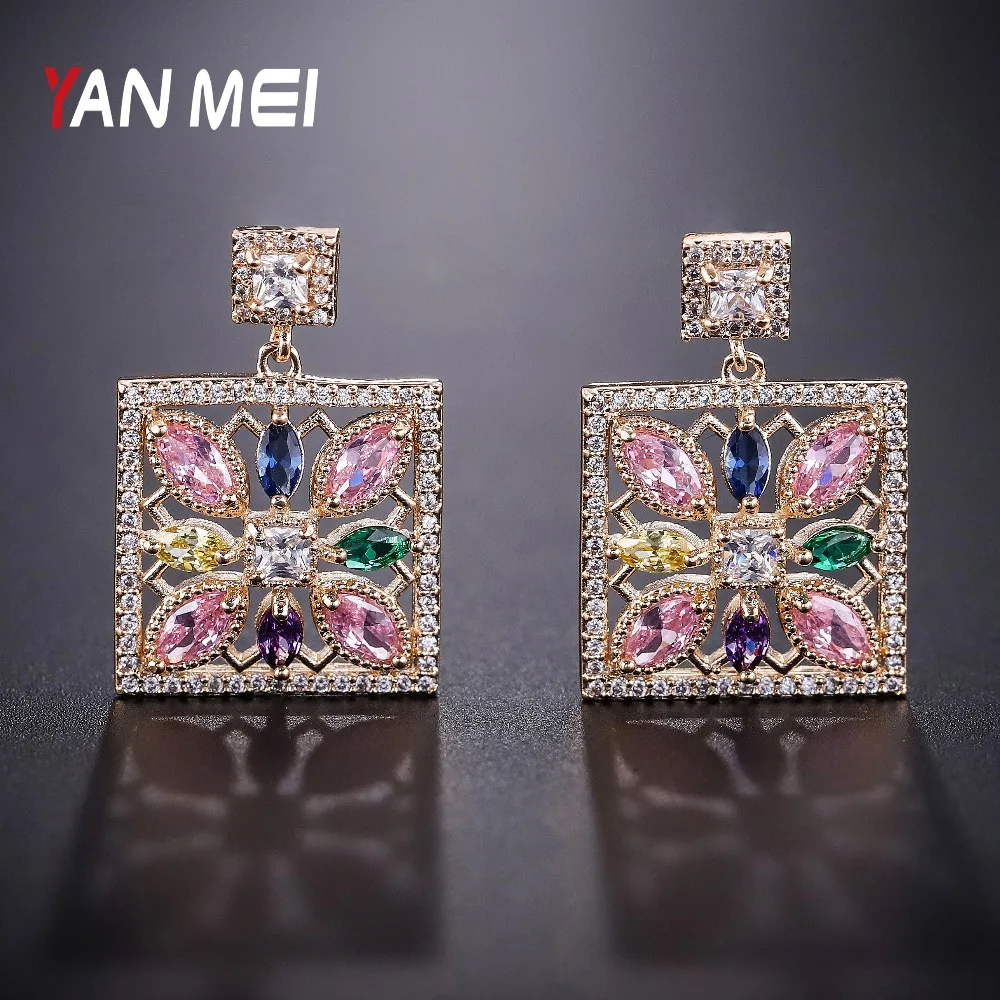 YANMEI квадратные и цветочные серьги-гвоздики для женщин полые кубические циркониевые серьги-гвоздики модные ювелирные изделия YME9018