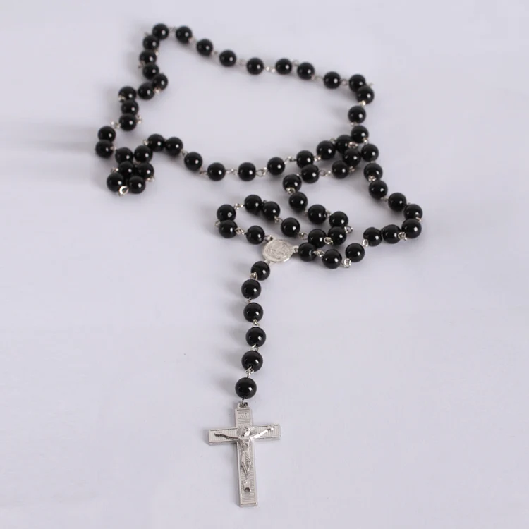 New Style Rosary Bead Necklace Dark Black Lady Mens Cross Crucifix Pendant Necklace Catholic