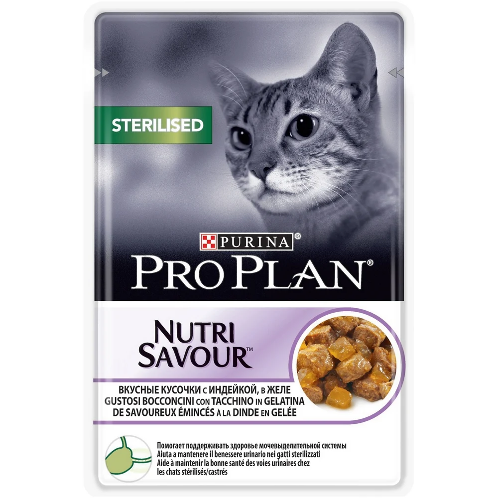 Pro Plan Nutrisavour Sterilised пауч для стерилизованных кошек и котов с индейкой(кусочки в желе, 24*85 г