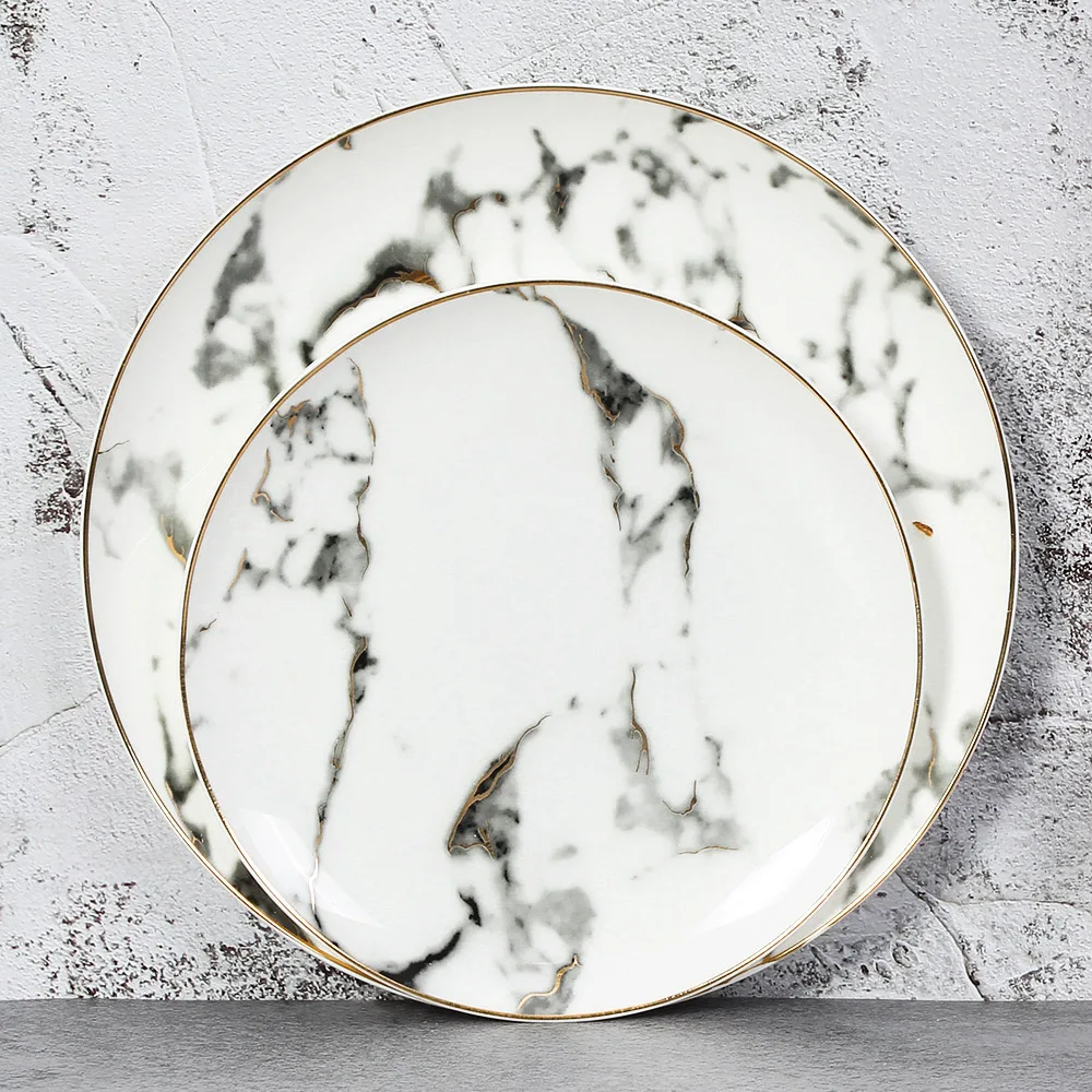 

European 4pcs Marble Ceramic Round Gold Inlay Bone china Plate Steak Dessert Porcelain Plates Dishes Home Kitchen Dinnerware set