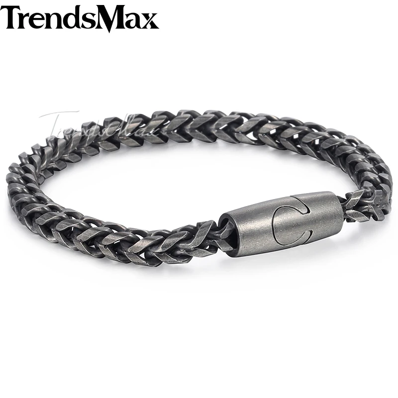 Trendsmax Franco Box Link Chain Mens Bracelet Stainless Steel Clasp Black Tone 6mm