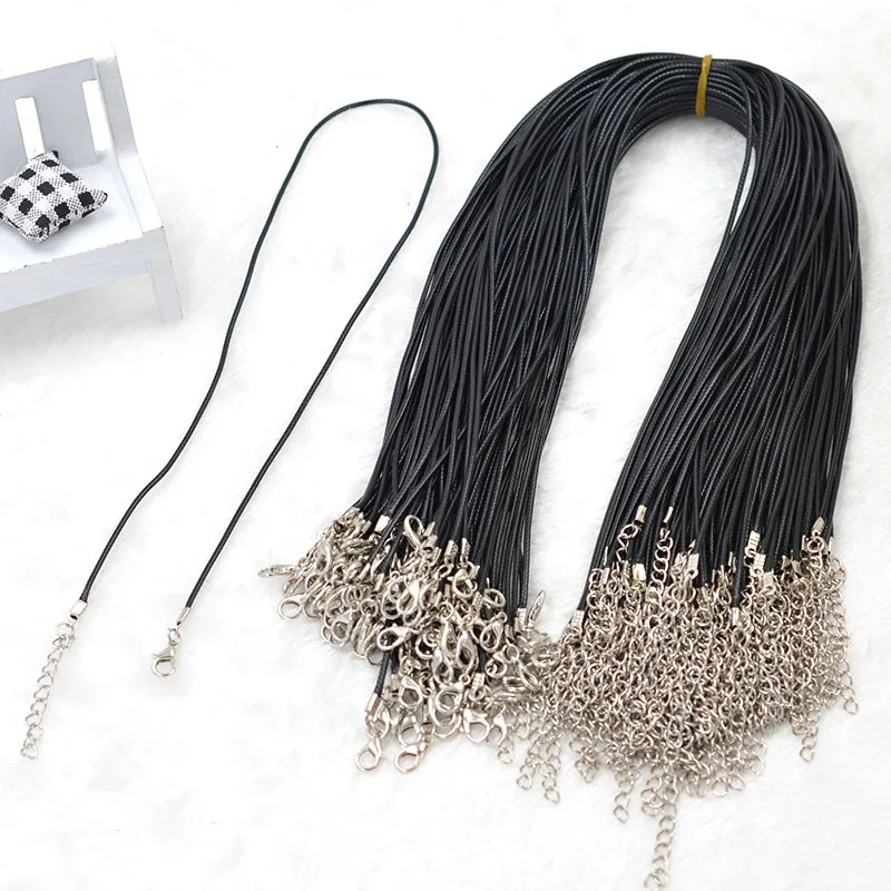 

1.5mm Black Wax Leather Snake chains bracelets Beading Cord String Rope Wire 45cm+5cm Extender bracelet ChainLobster Clasp DIY
