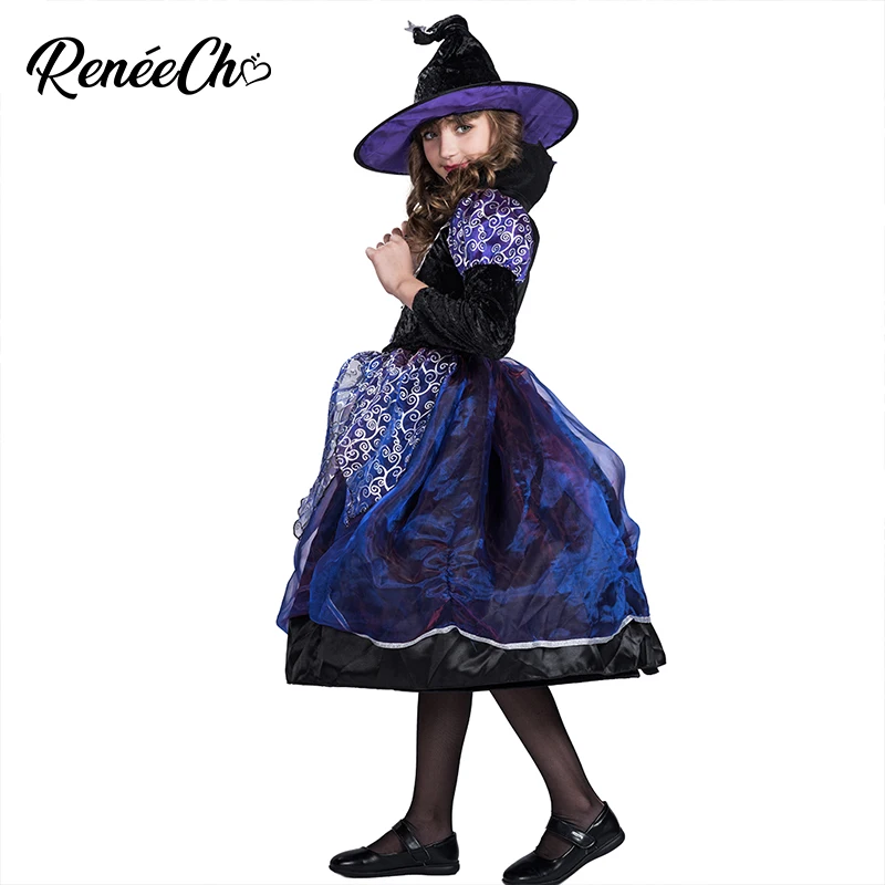 Новинка года; костюм на Хэллоуин для детей; фиолетовое нарядное платье с шапкой; Детский костюм для косплея; костюм ведьмы для девочек