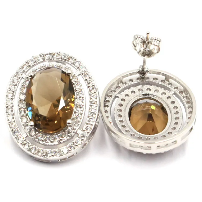 

2019 New Designed Smoky Topaz White CZ Gift For Girls Silver Stud Earrings 23x19mm