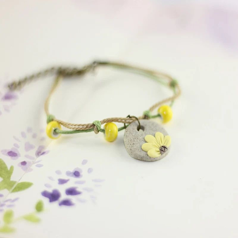 

Cute Girl Handmade Ceramic Beads Yellow Sunflower Weave Bracelet Women Charm Fashion Ethnic Jewelry Accessories Wholesale