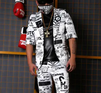 

(Top + shorts) !Tide brand black and white letters printed half sleeves summer suit DJ MC costume GOGO stage costumes !M-5XL