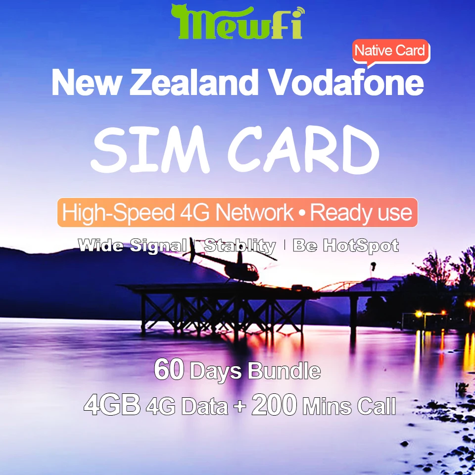 

Mewfi New Zealand Travel Sim Card Prepaid 60 Days 4GB 4G Data+200 Units Call & SMS Vodafone Local Network Mobile Phone Sim Card