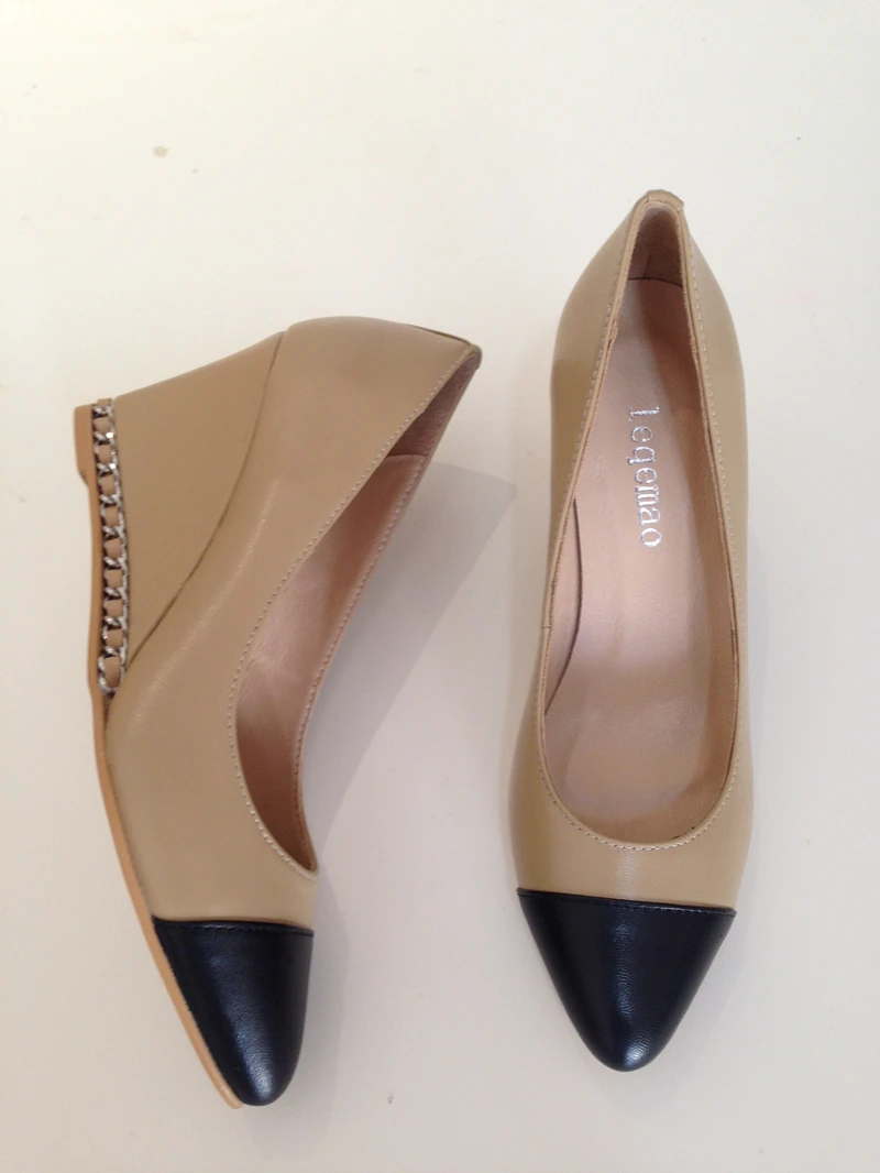 Fashion Spring Autumn Office Lady Pump Shoes Genuine Leather Chain High Quality Sexy Pointed Toe Party Wedges Shoes Size 35-40