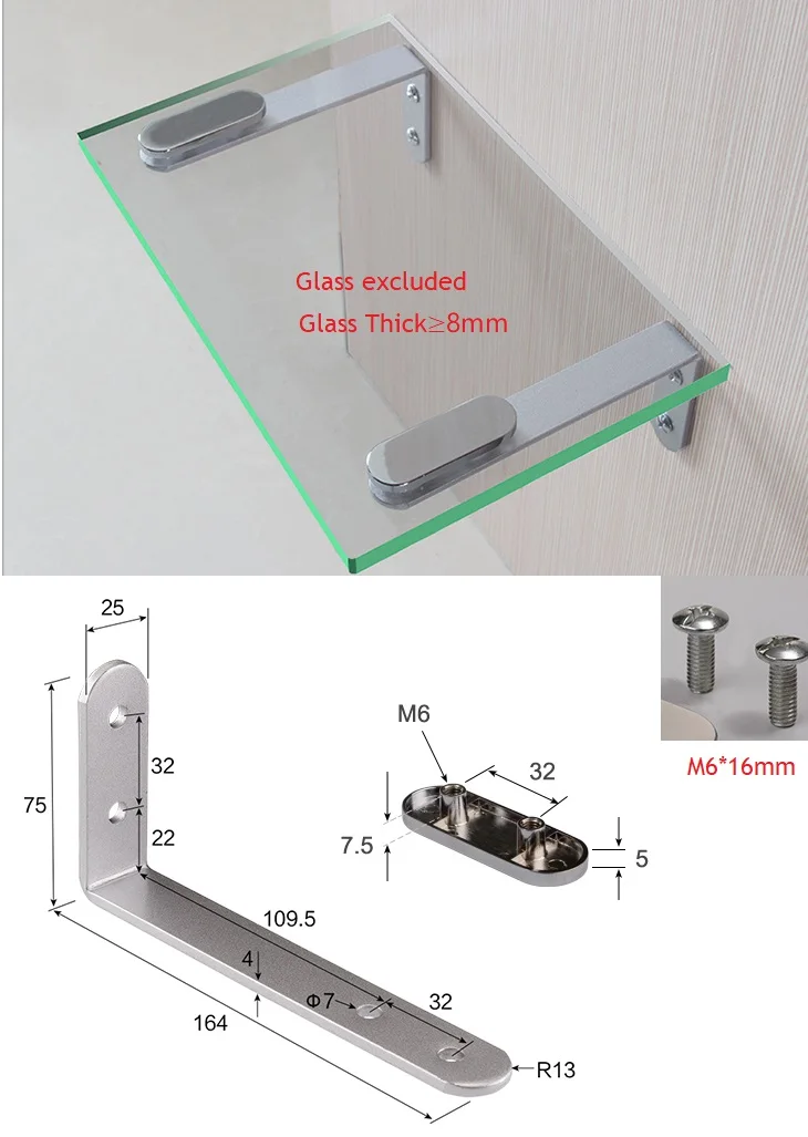 2Pcs/Lot Silver Wall Mount Steel L Glass Shelf Bracket Clamps Clip