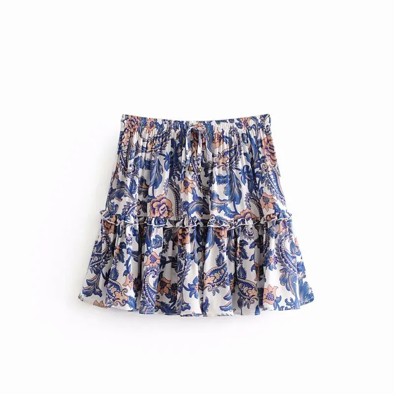 

GYPSY Boho Chic Summer Vintage Floral Print Mini Skirt Fashion Clothing A Line Drawstring Ruffles Beach Skirts Faldas Mujer