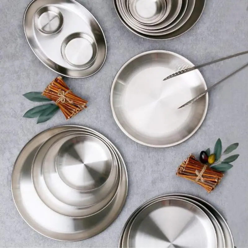 Vajilla de acero inoxidable de Camping plato de comida contenedor plato bandeja redonda plato de accesorios de cocina comedor al aire libre