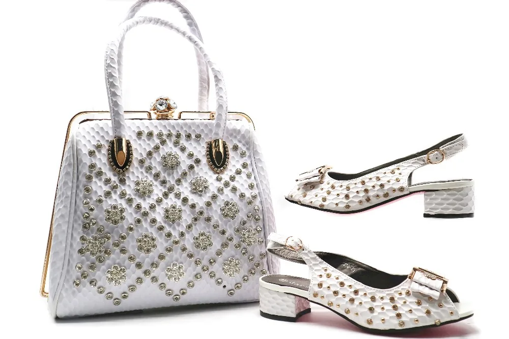 

White new rose pattern big handbag matching sandal shoes low heel 4.5cm for daily life fashion shoes and bag set SB8136-3