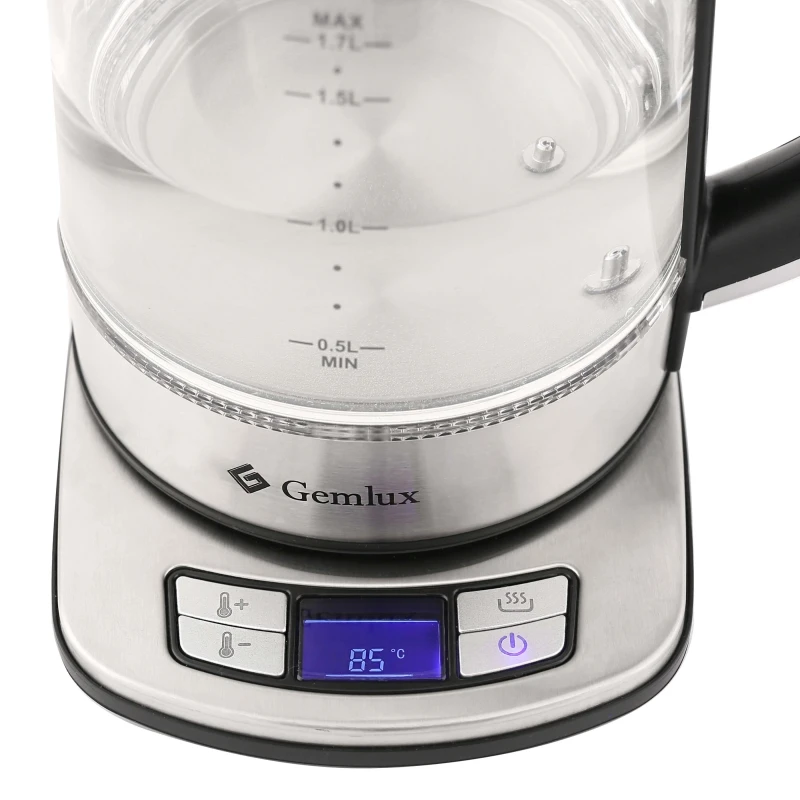 Чайник электрический GEMLUX GL-EK897DDK (Мощность 2200 Вт, стеклянный корпус, объем 1,7 л., Функция установки и поддержания температуры)