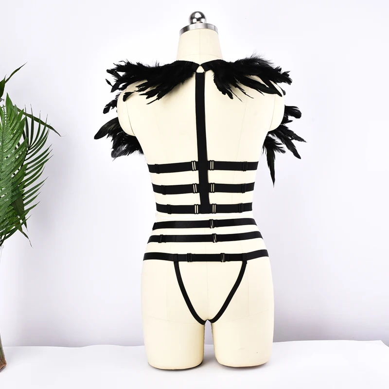 Abdominal grid Feather Epaulette Shoulder Wings Harness Bra Top Halter Bra Dance Rave Body Harness Bralette Festival Costume