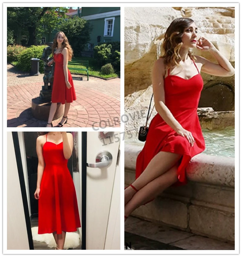 red Spaghetti Strap Backless A Line Dress 
