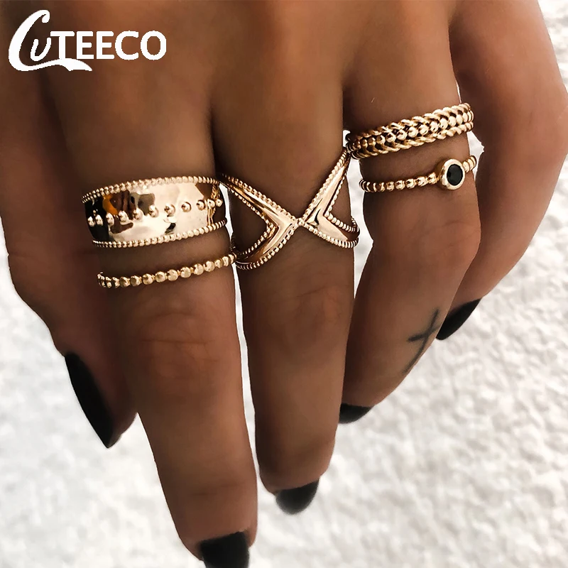

CUTEECO European Retro Gold Color Cross Ring Set Alloy Crystal Zircon Joint Ring For Women Wedding Jewelry Party Gift