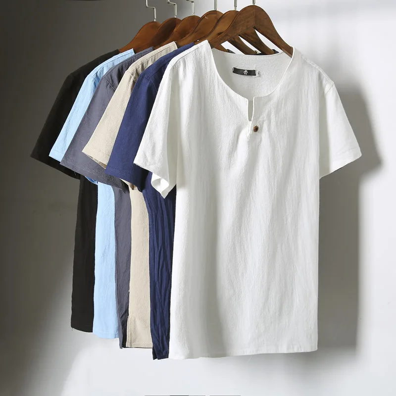 

PADEGAO linen cotton men's t shirt pure color V neck solid tops tee loose style streetwear tshirt men henry collar linen t shirt