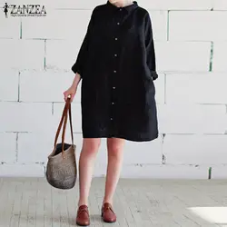 ZANZEA для женщин по колено платье осень 2018 г. Винтаж повседневное свободные с длинным рукавом Твердые Хлопковые Платья Vestidos плюс размеры