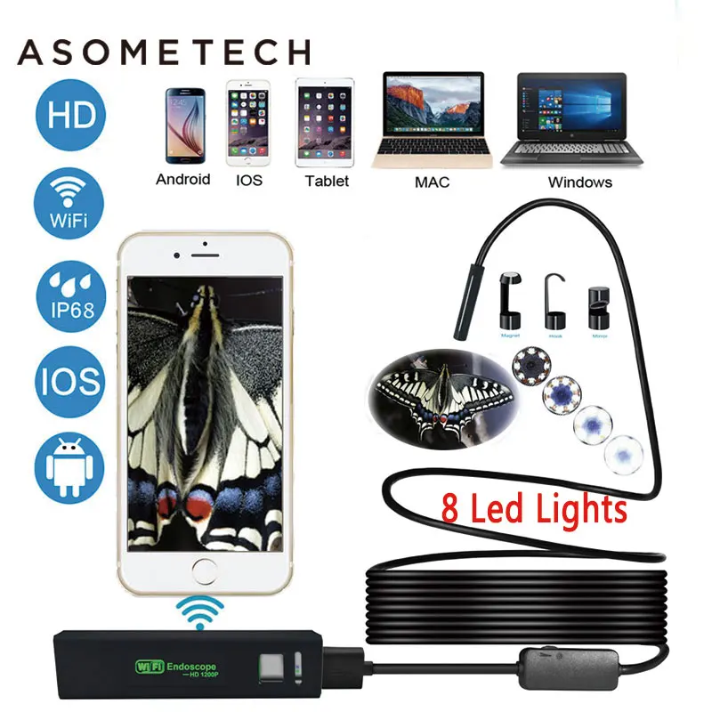WiFi USB эндоскопа HD 1200 P Камера полужесткие Труба инспекции Беспроводной бороскоп