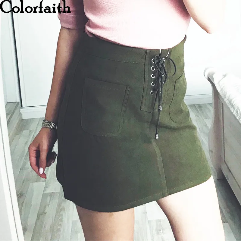 

Colorfaith New 2018 Spring Summer Women Mini Suede Pencel Skirt Lace-up Retro Package Hip High Waist A-line Skater Skirt SK8806