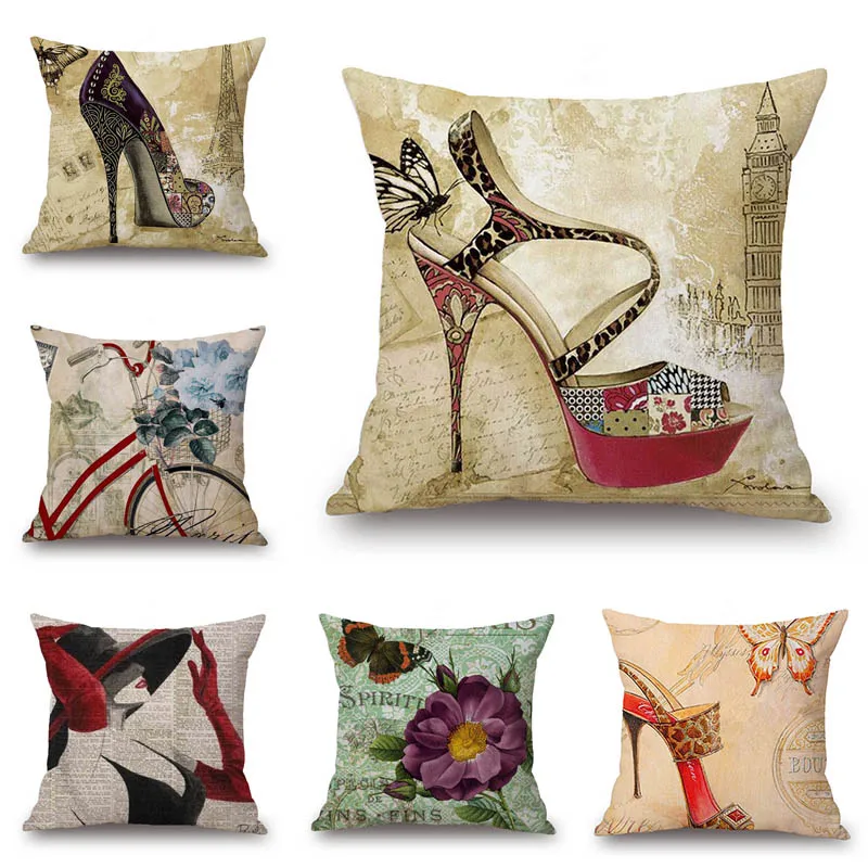 18 inches Cotton Linen Vintage Pillow Cases Flower Shoes Printed Cover Home Decorative Pillows | Дом и сад