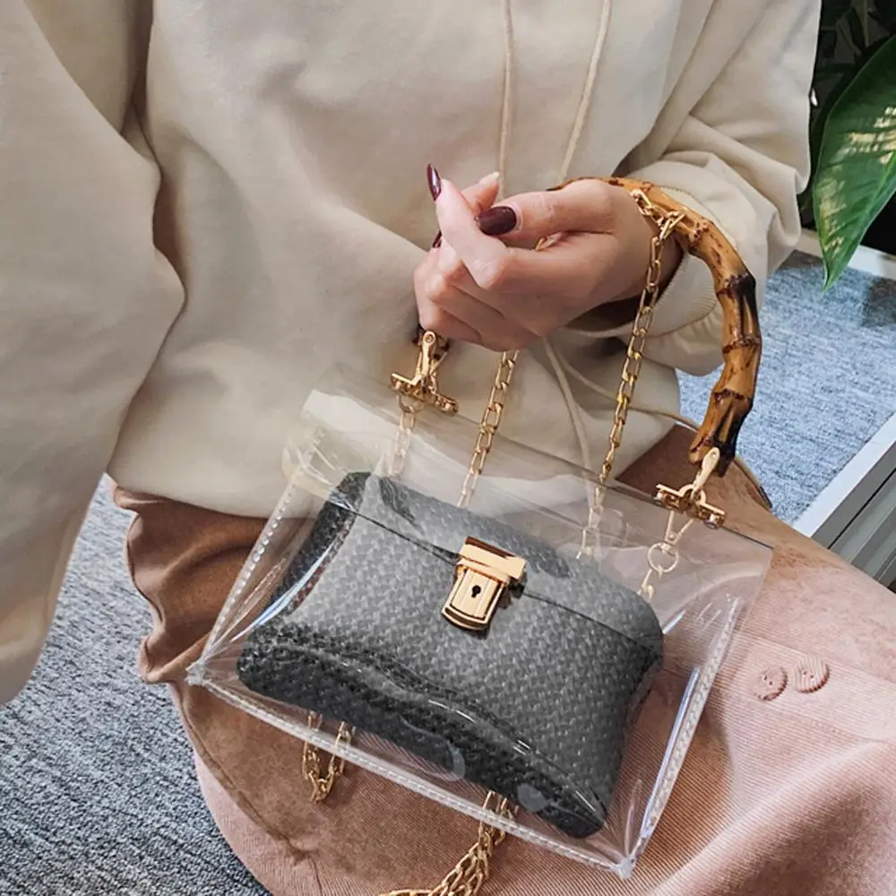 

Women Bag 2Pcs Fashion Weave Wood Chain Waterproof Crossbody Shoulder torebka damska sac a main femme de marque soldes