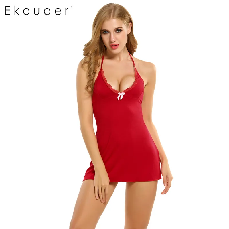 Ekouaer Ночная сорочка, ночная рубашка для женщин, хлопковое ночное белье, без рукавов, кружевная отделка, сорочка, ночная рубашка, ТРАПЕЦИЕВИДНОЕ ПЛАТЬЕ-комбинация с стринги - Цвет: red