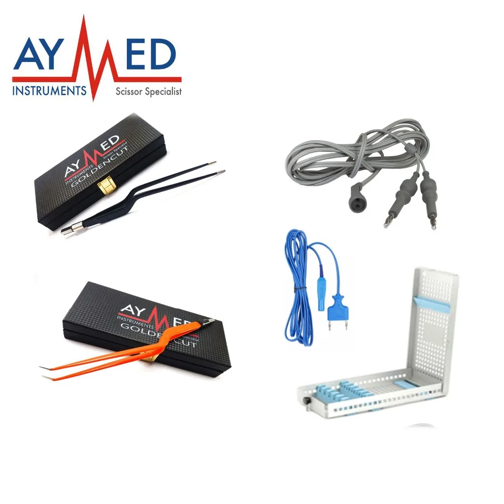 

2 orange bipolar forceps 3 cables 2 micro scissors with sterlization tray with2pieces bulldog clamp - scissors