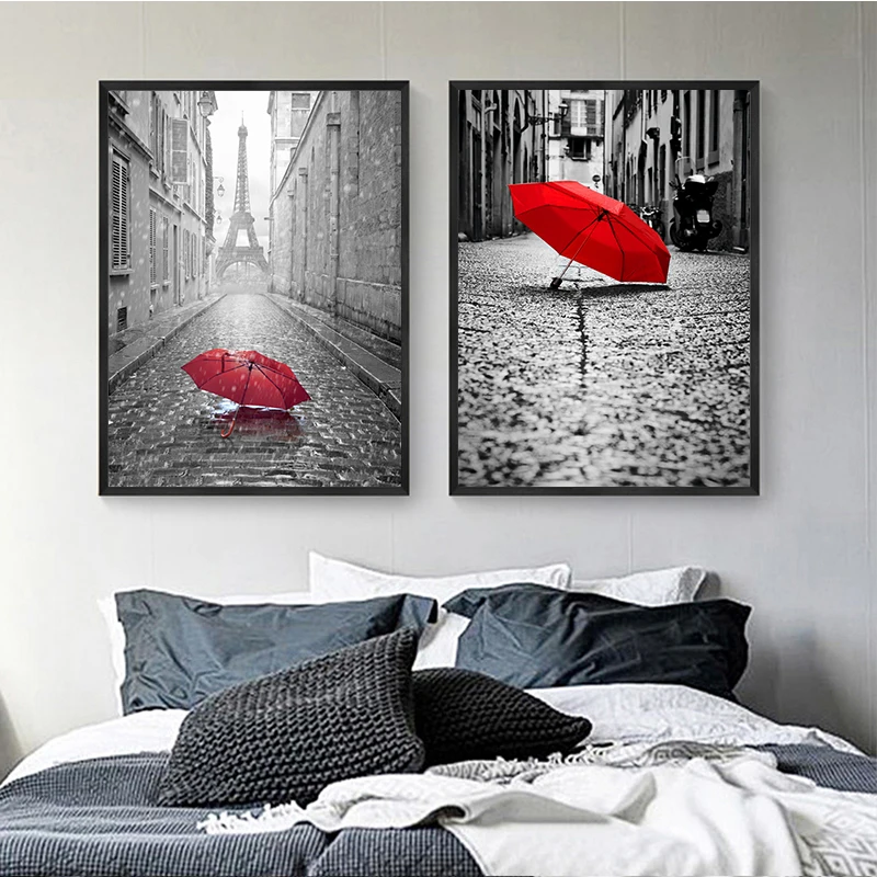 Goodecor Black And White Canvas Wall Art Red Umbrella Canvas Painting