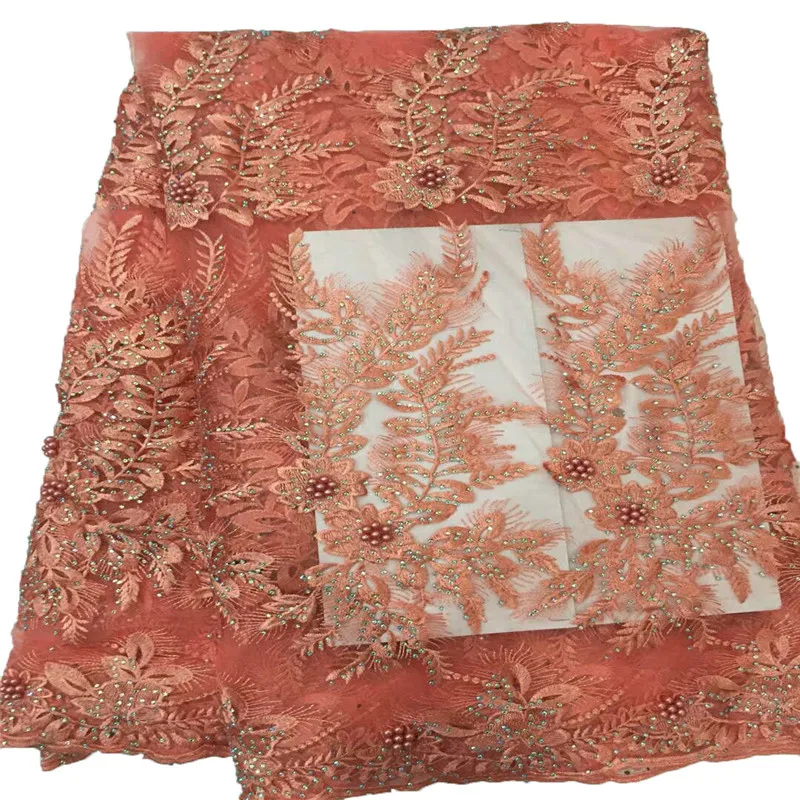 

Most Popular High Quality 5 Yards French Embroidered Net Lace Fabric Peach African Wedding Beaded Tulle Lace Nigeria Lace X806-1